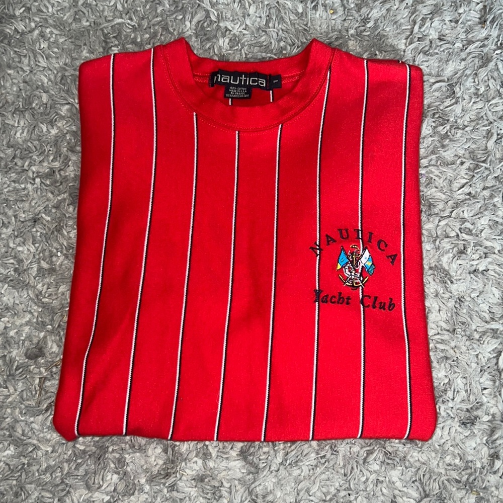 Nautica Yacht Club tee; Red with white and black stripes; Size: Men’s Large